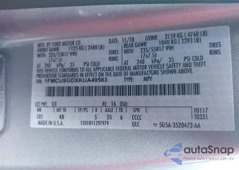 2019 Ford Escape Se from USA, damaged, VIN 1FMCU9GDXKUA49583